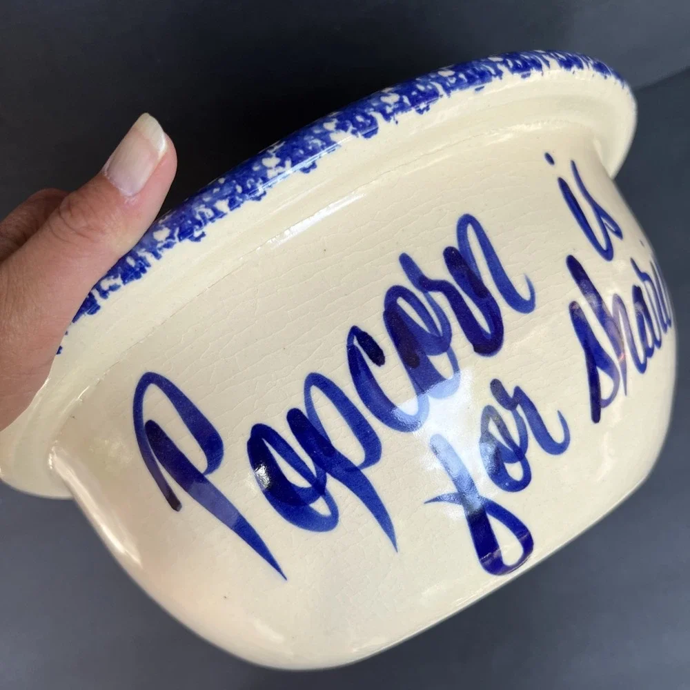 Sponge Ware Large Popcorn Bowl Blue Ivory THAT'S ALL Folks Handmade Pottery EUC